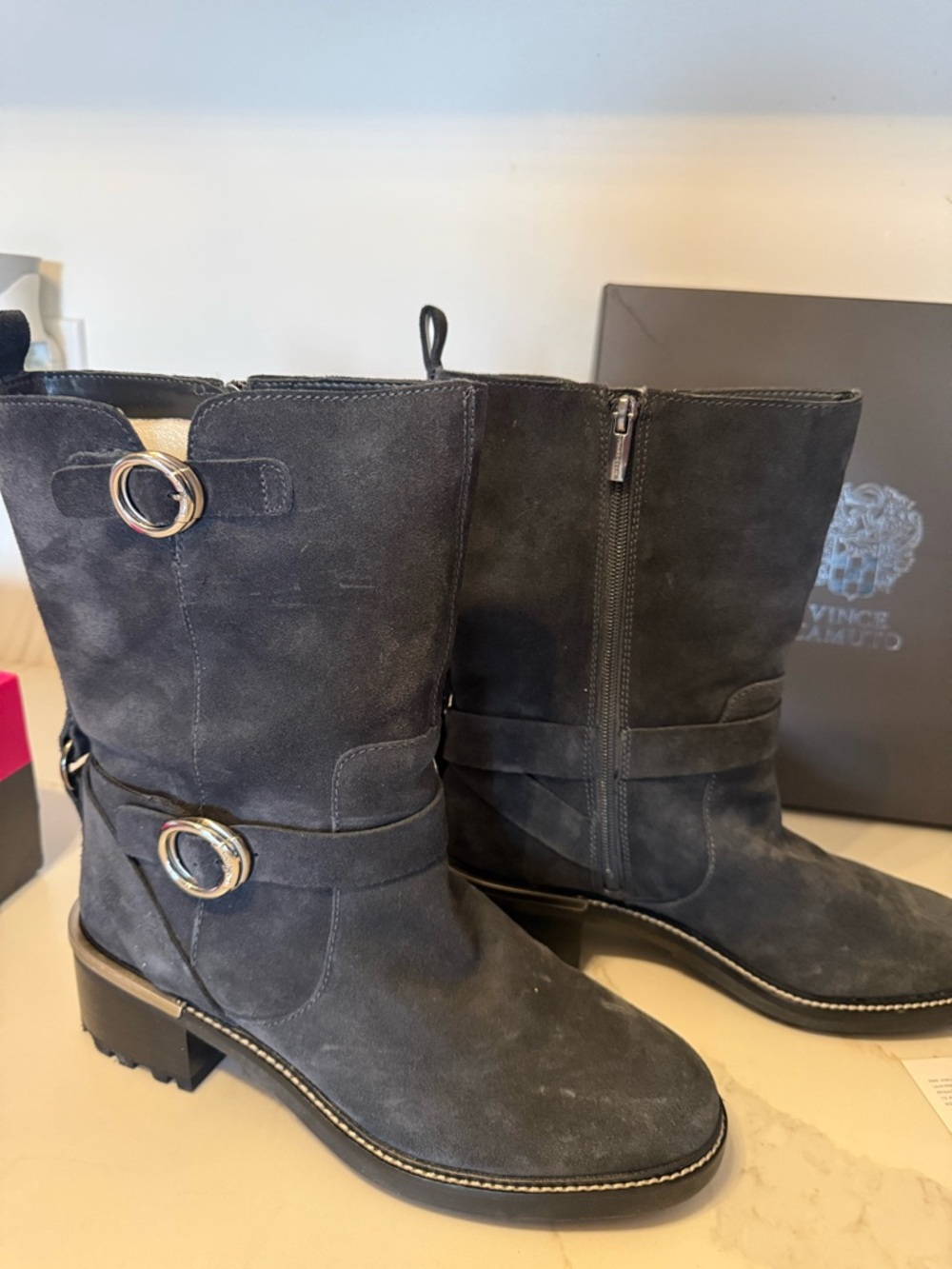 Vince Camuto Black Suede Buckle Lug Boots - Picture 4 of 7